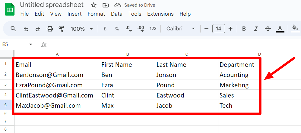 Contact spreadsheet containing email, first name, last name and department columns.