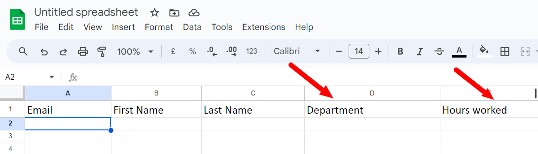Department and Hours worked columns added to a contact spreadsheet.