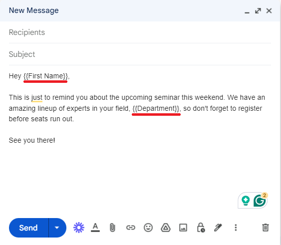 Gmail draft using First Name and Department merge fields.