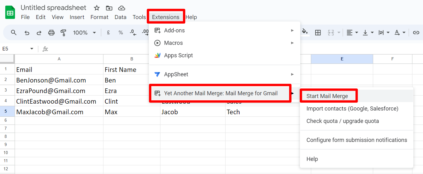 Google Sheets Extensions menu showing YAMM and Start Mail Merge.