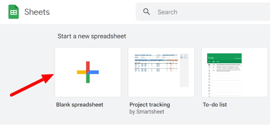 Google Sheets home page with the Blank spreadsheet tile highlighted.