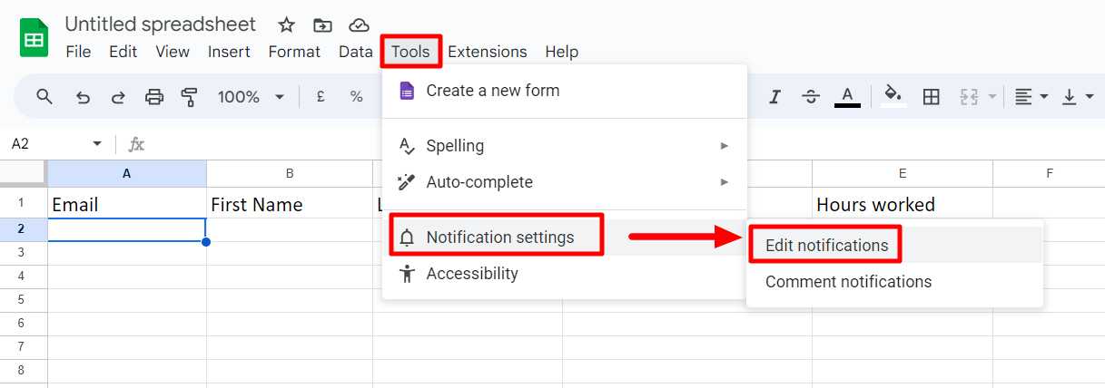 Google Sheets Tools menu showing Notification settings and Edit notifications.