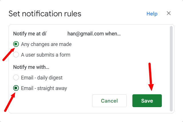Notification rule set to email immediately whenever changes are made.