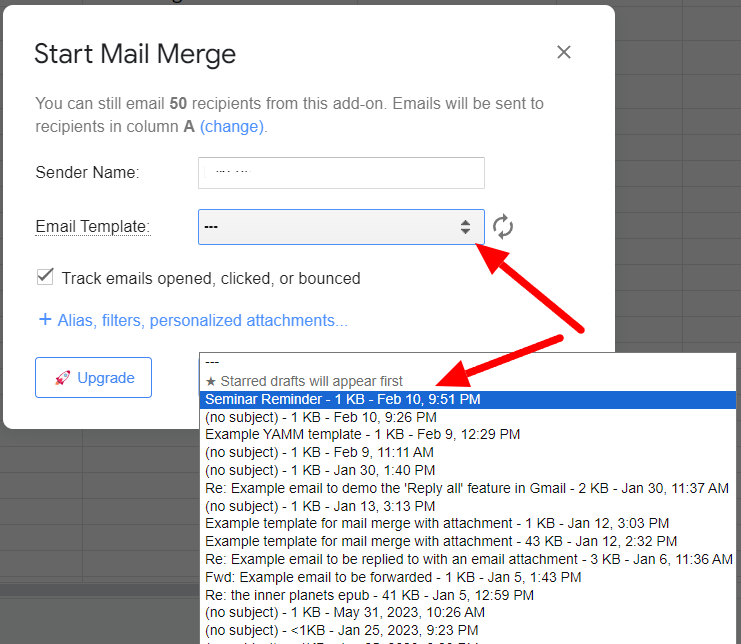 YAMM email-template menu with the Seminar Reminder draft selected.