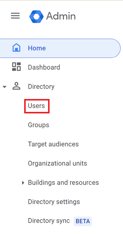 Google Admin console Directory menu with Users highlighted.