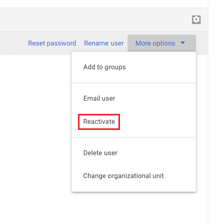 Google Admin user menu with Reactivate highlighted.