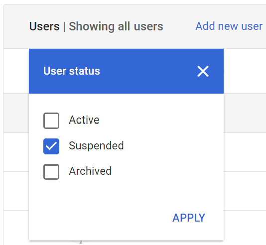 Google Admin user-status filter with Suspended selected.