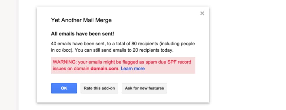 YAMM send confirmation showing a warning about the domain's SPF records.