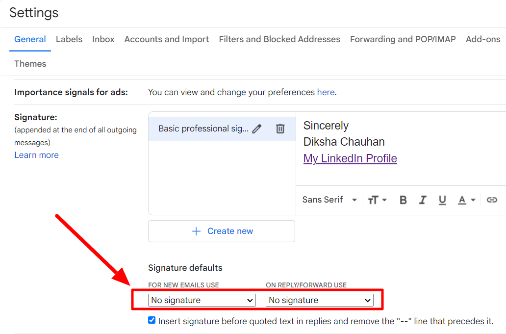 Both default signature dropdowns are set to No signature.