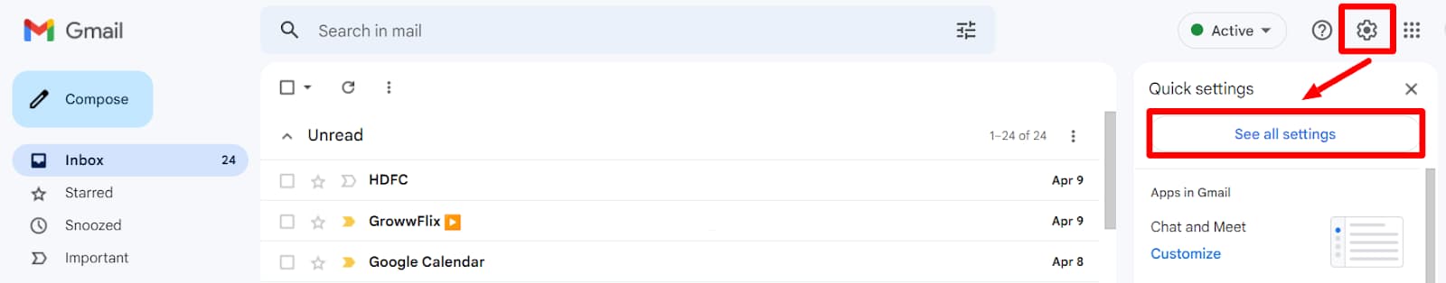 Gmail's Settings gear and See all settings button are highlighted.