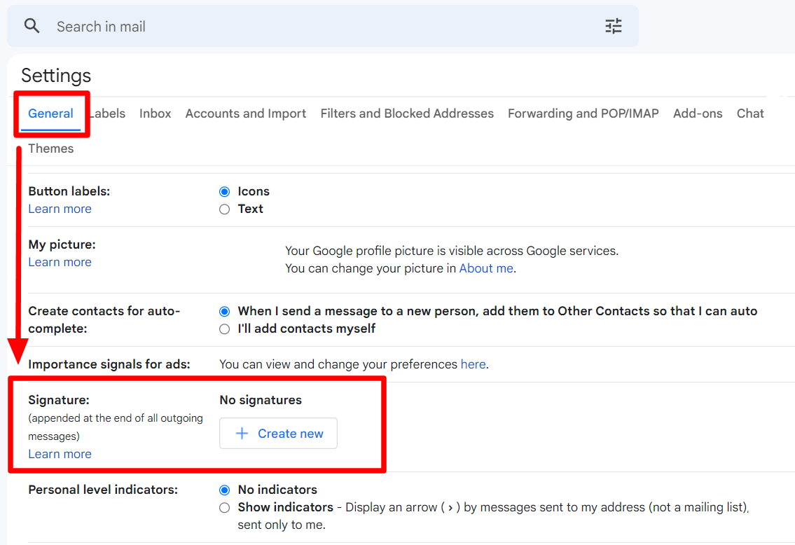 Gmail's Signature section shows No signatures and a Create new button.