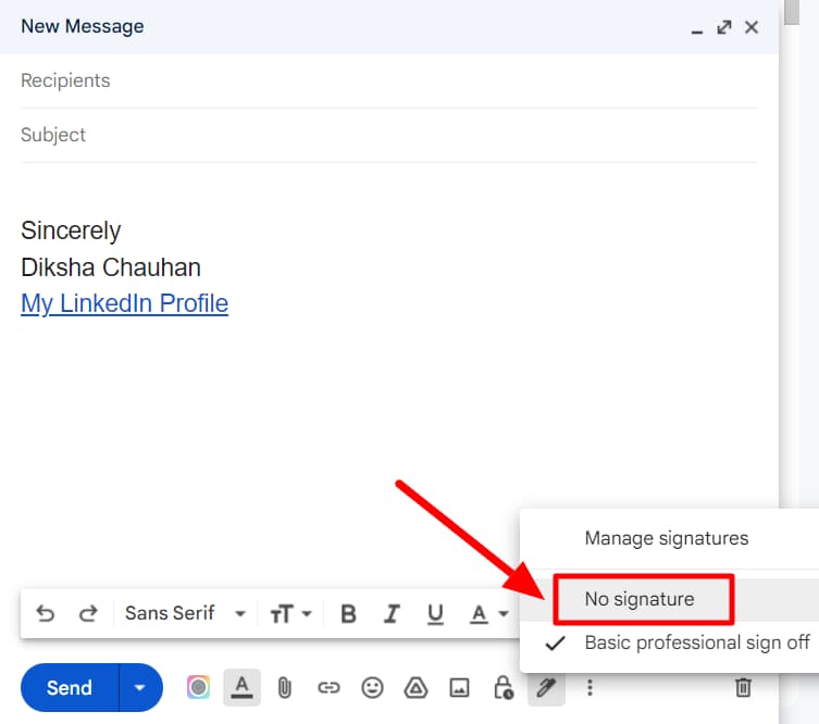 The compose signature menu is open with No signature highlighted.