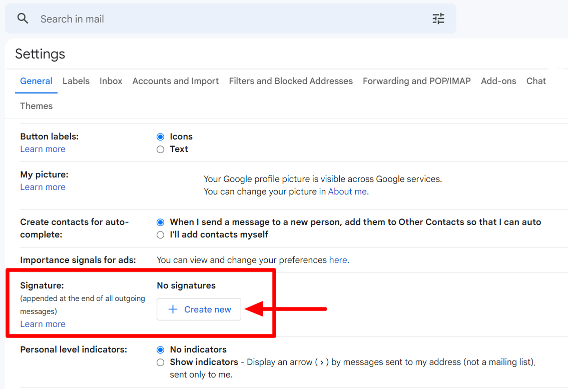 The Create new button in Gmail's Signature section is highlighted.