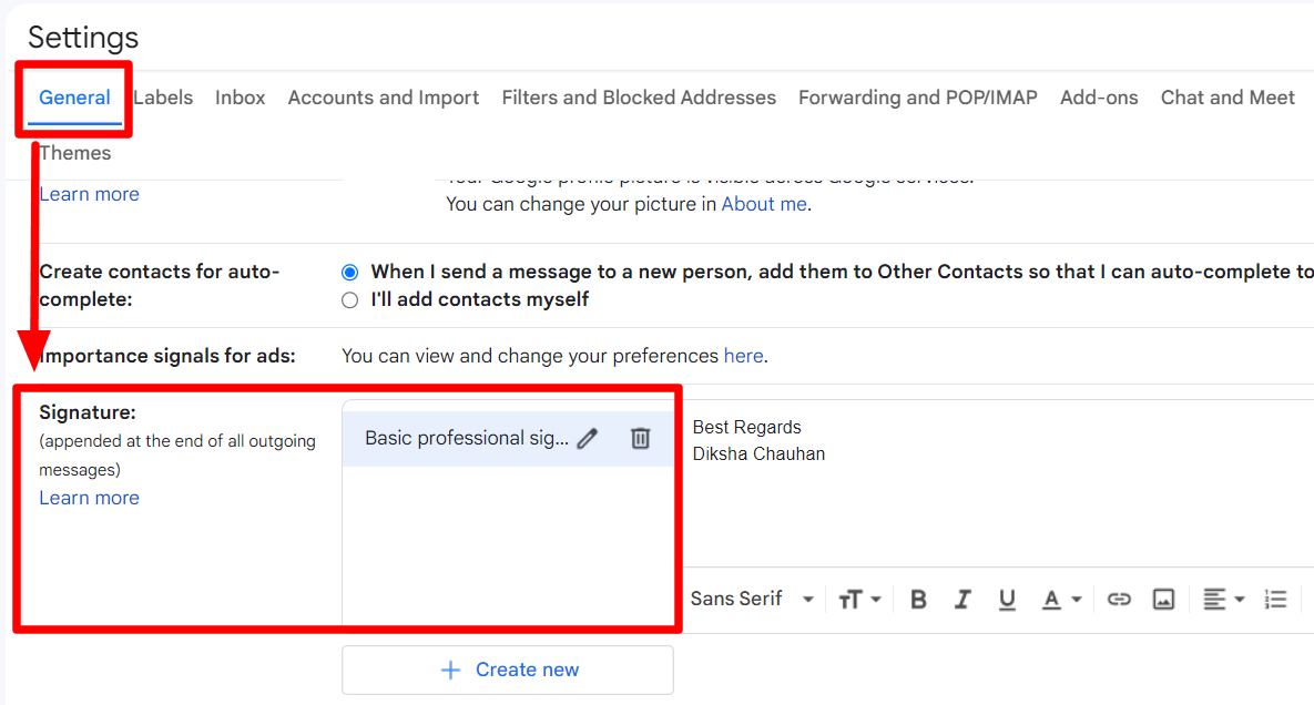The General tab and Signature section in Gmail settings are highlighted.