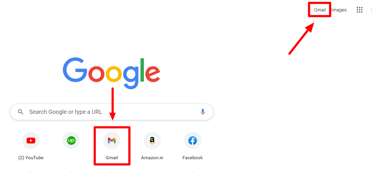 The Gmail link and shortcut are highlighted on Google's homepage.