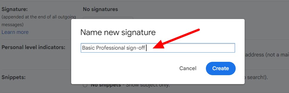 The Name new signature dialog with Basic Professional sign-off entered.