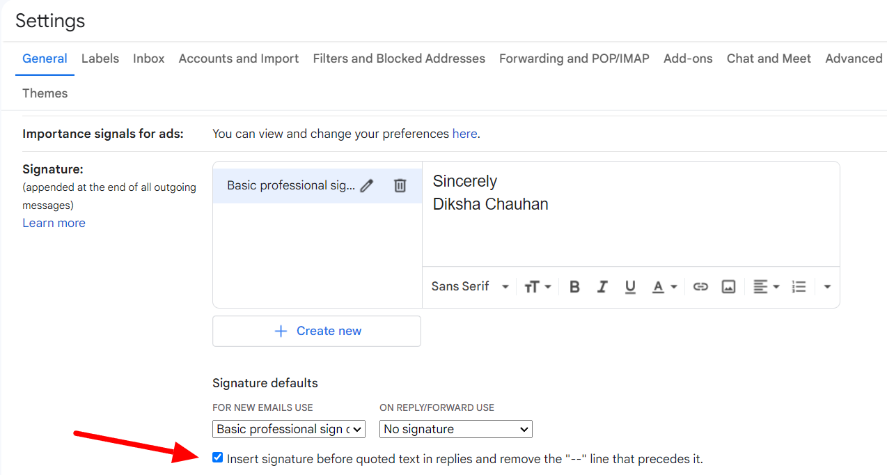 The option to insert a signature before quoted text in replies is checked.