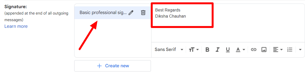 The saved signature displays a sign-off and sender name in its text editor.