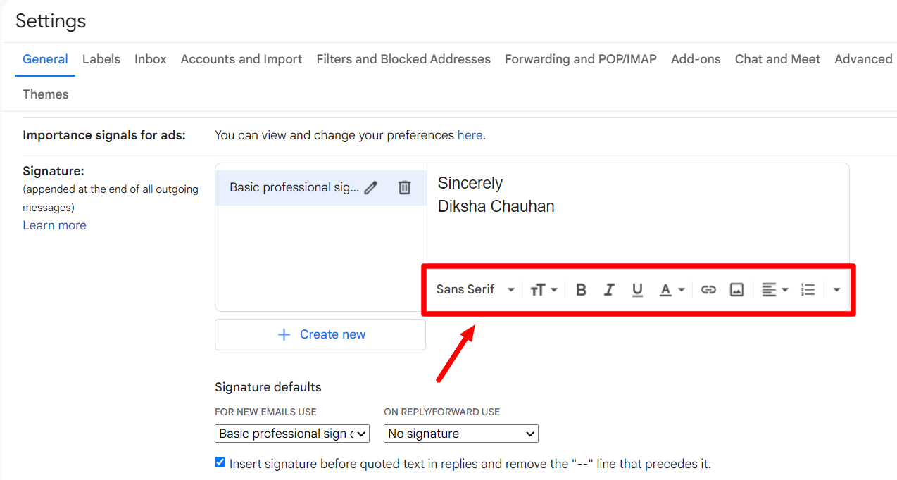The signature formatting toolbar is highlighted below the signature text.