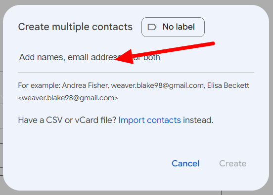 Create multiple contacts dialog with a name or email field and an Import contacts link.