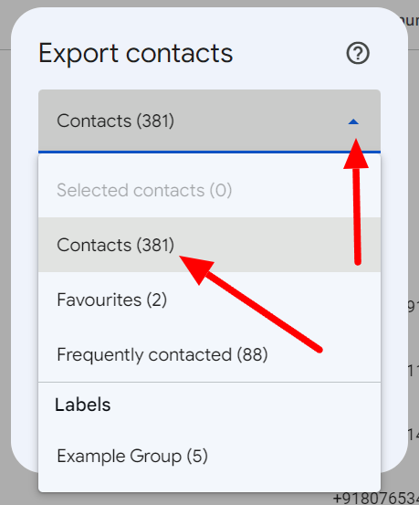 Export contacts dropdown listing all contacts, favourites, frequently contacted contacts, and labels.