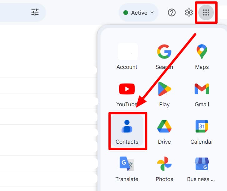 Google apps launcher with Contacts highlighted.