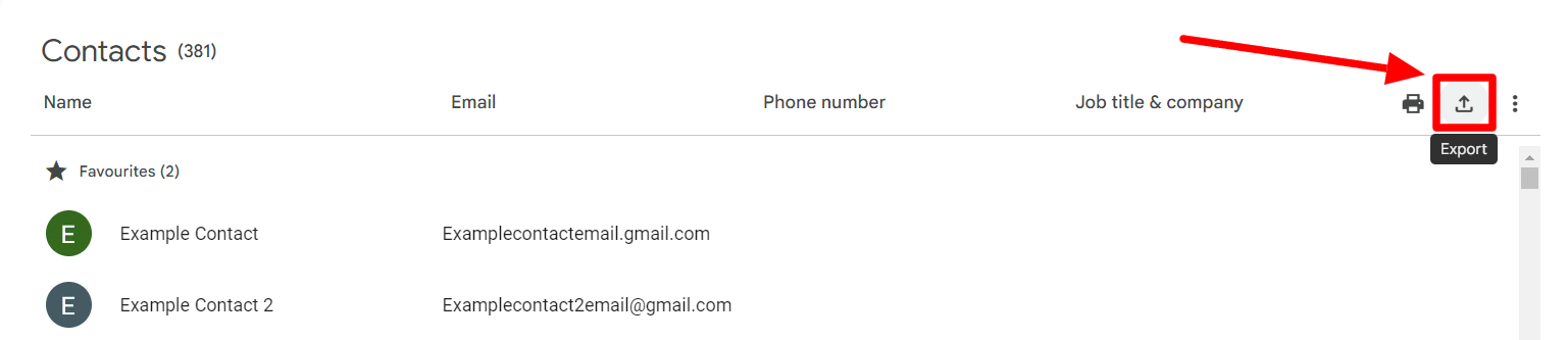 Google Contacts toolbar with the Export button highlighted.