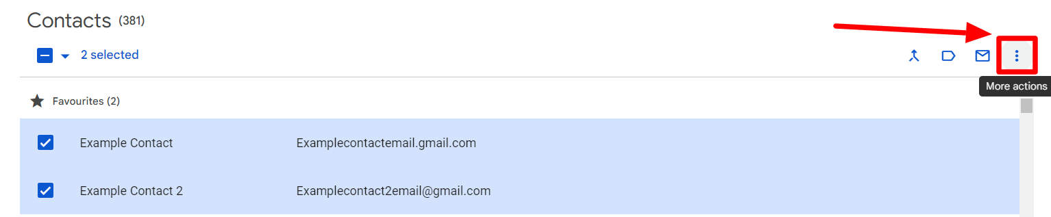Google Contacts with two contacts selected and More actions highlighted.