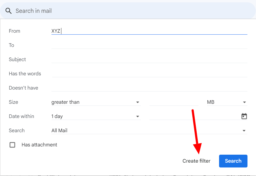 Gmail advanced search containing a From criterion and Create filter link.
