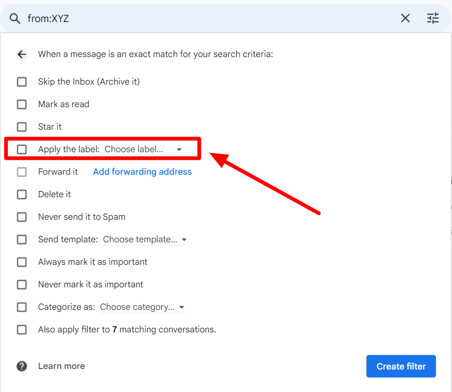 Gmail filter actions with Apply the label highlighted.