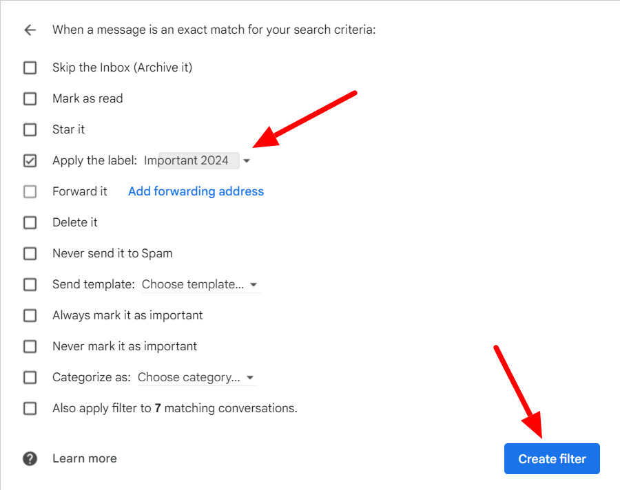 Gmail filter set to apply Important 2024, with Create filter highlighted.