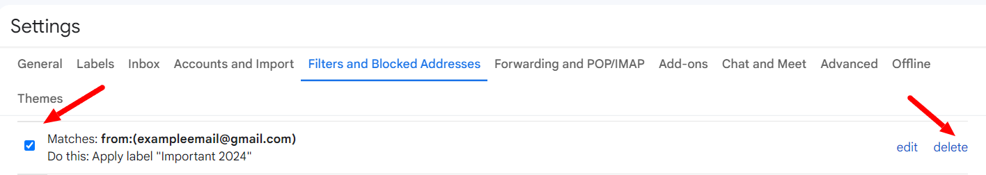 Gmail saved filter with its checkbox and delete link highlighted.