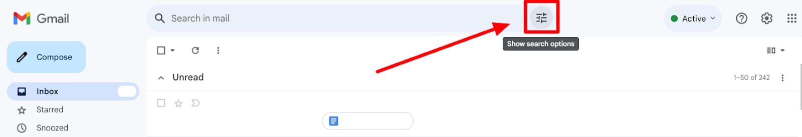 Gmail search field with Show search options highlighted.