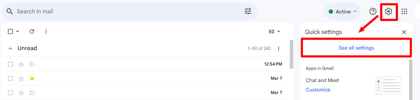 Gmail settings gear and See all settings highlighted.