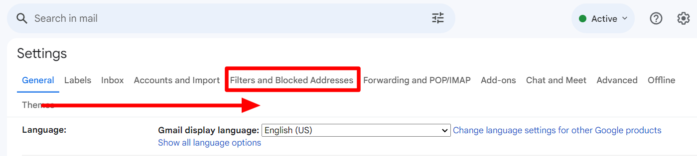 Gmail settings with Filters and Blocked Addresses highlighted.