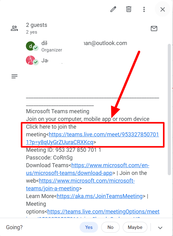 Google Calendar event description with a Microsoft Teams join link highlighted.