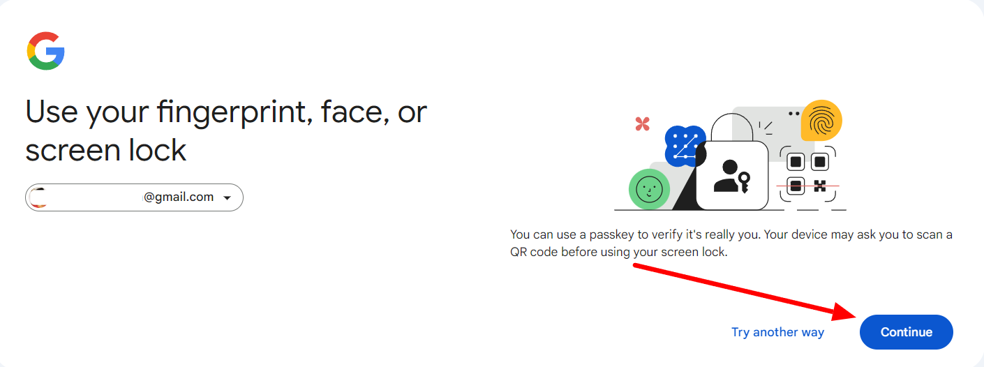 Google sign-in screen offering fingerprint, face or screen-lock verification.
