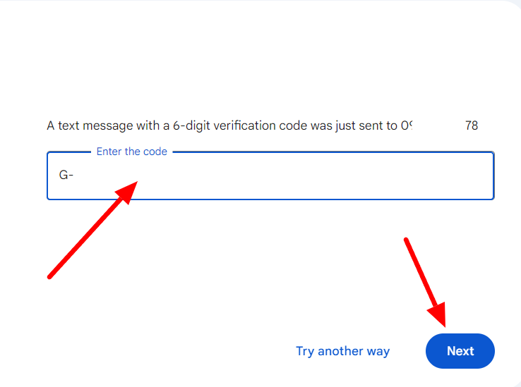 Google verification-code entry field and Next button highlighted.