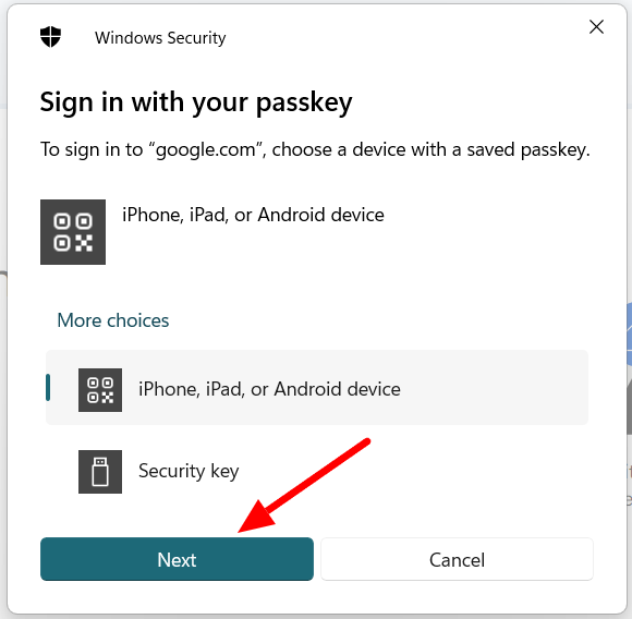 Windows Security passkey dialog offering a mobile device or security key.