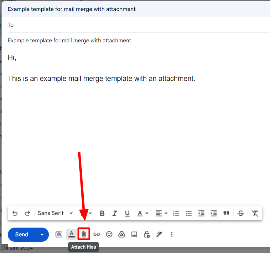 Gmail draft with the Attach files paperclip highlighted.