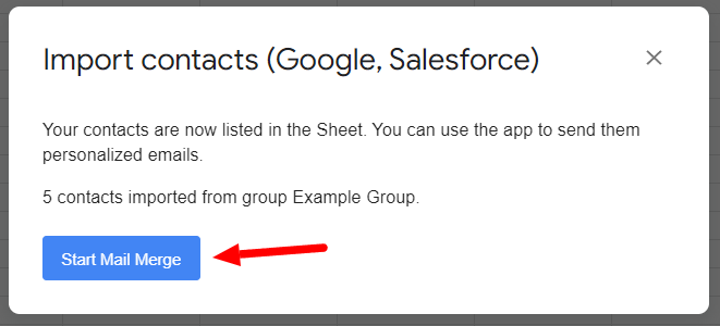 YAMM confirms five imported contacts and offers Start Mail Merge.