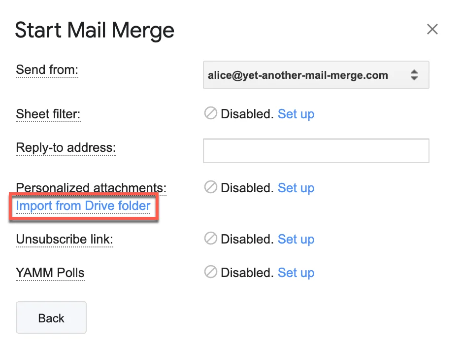 YAMM Start Mail Merge window with the Import from Drive folder link highlighted.
