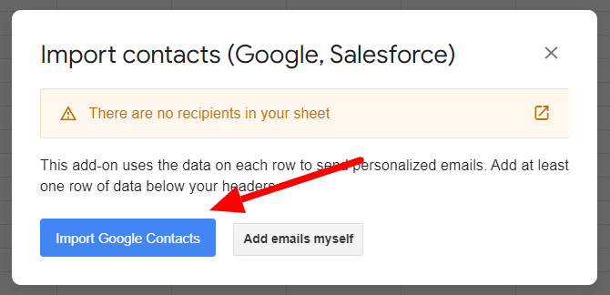 YAMM no-recipient warning with the Import Google Contacts button highlighted.