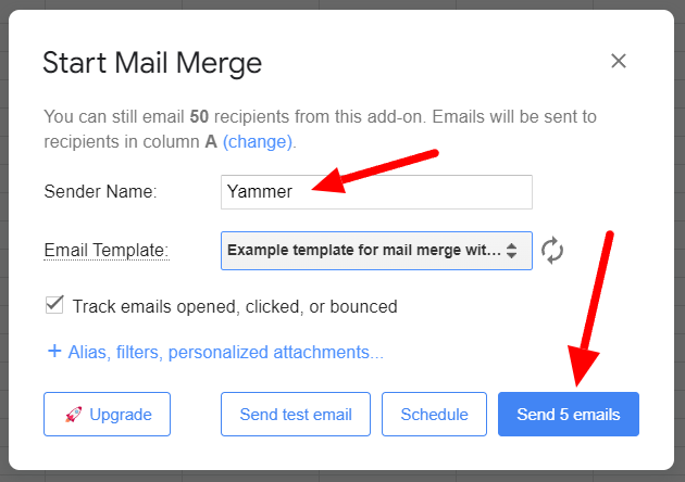 YAMM sender name and Send 5 emails button highlighted.