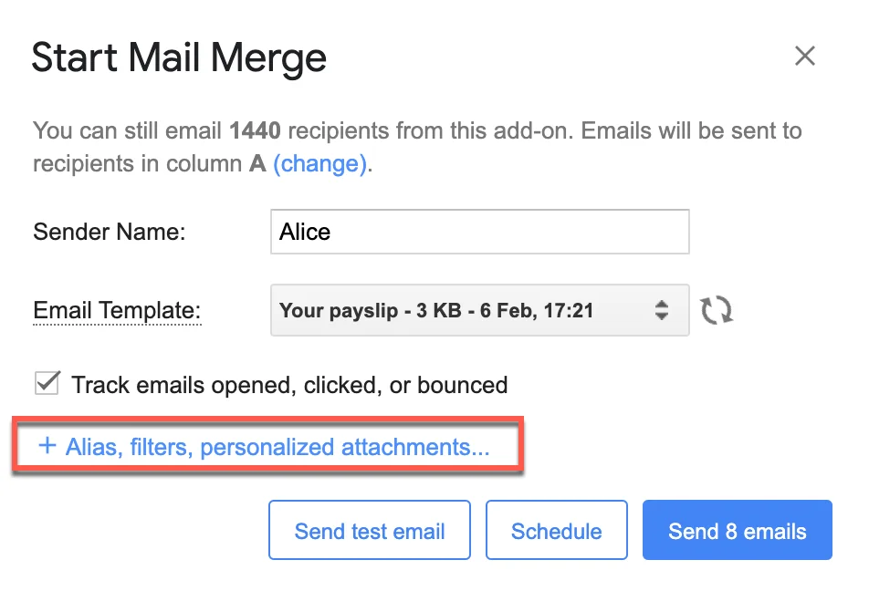 YAMM Start Mail Merge window with the Alias, filters, personalized attachments link highlighted.