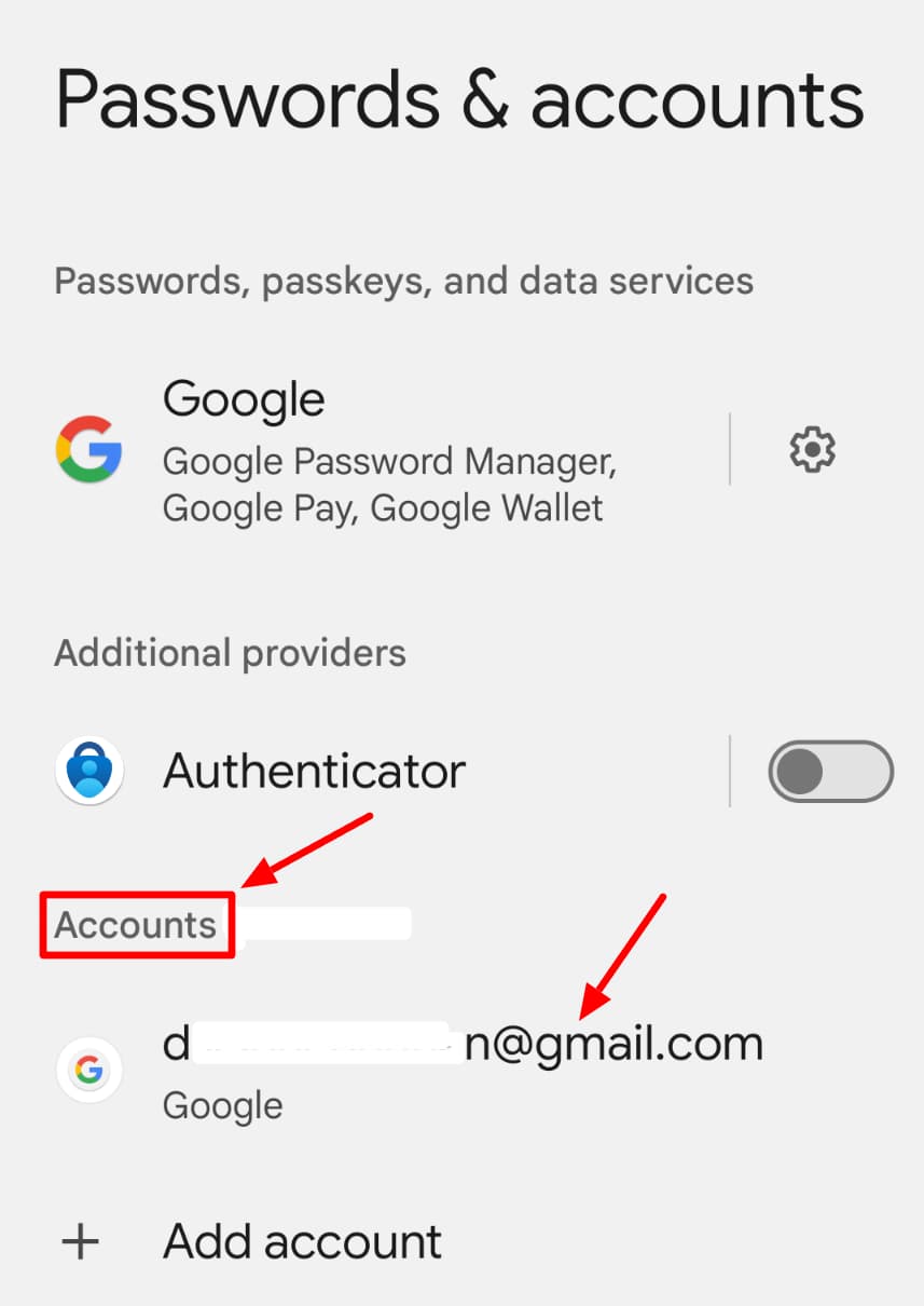 Device Passwords and accounts settings showing a Google account.
