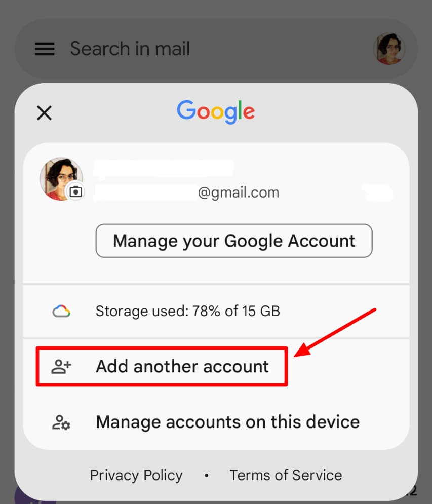 Gmail account menu with Add another account highlighted.