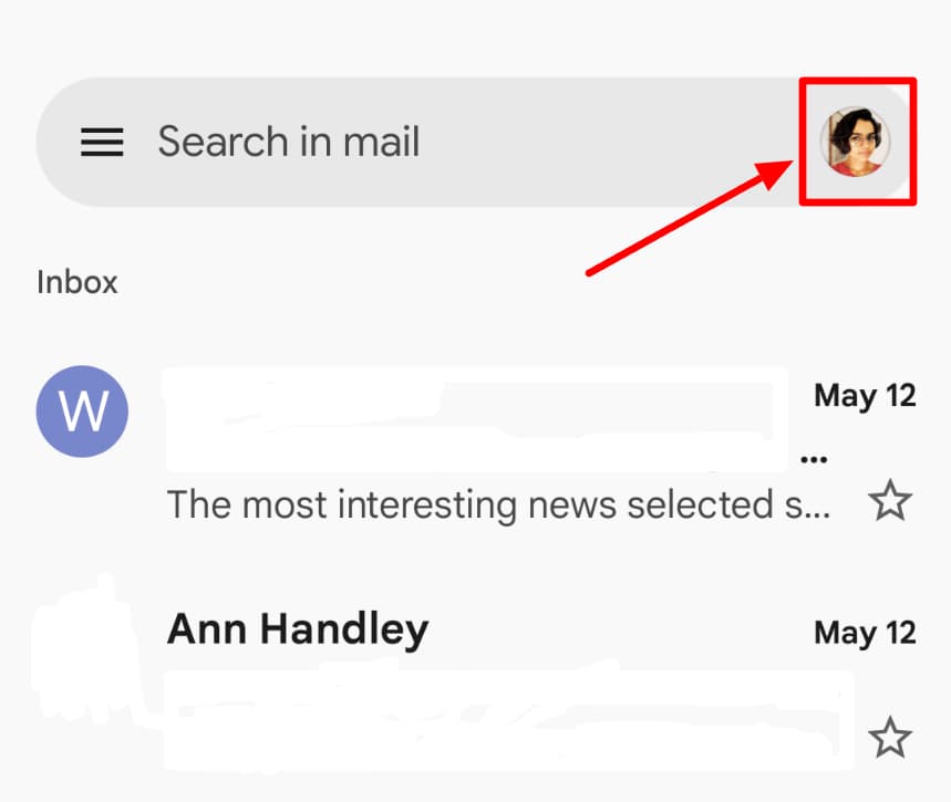 Gmail mobile inbox with the account profile picture highlighted.