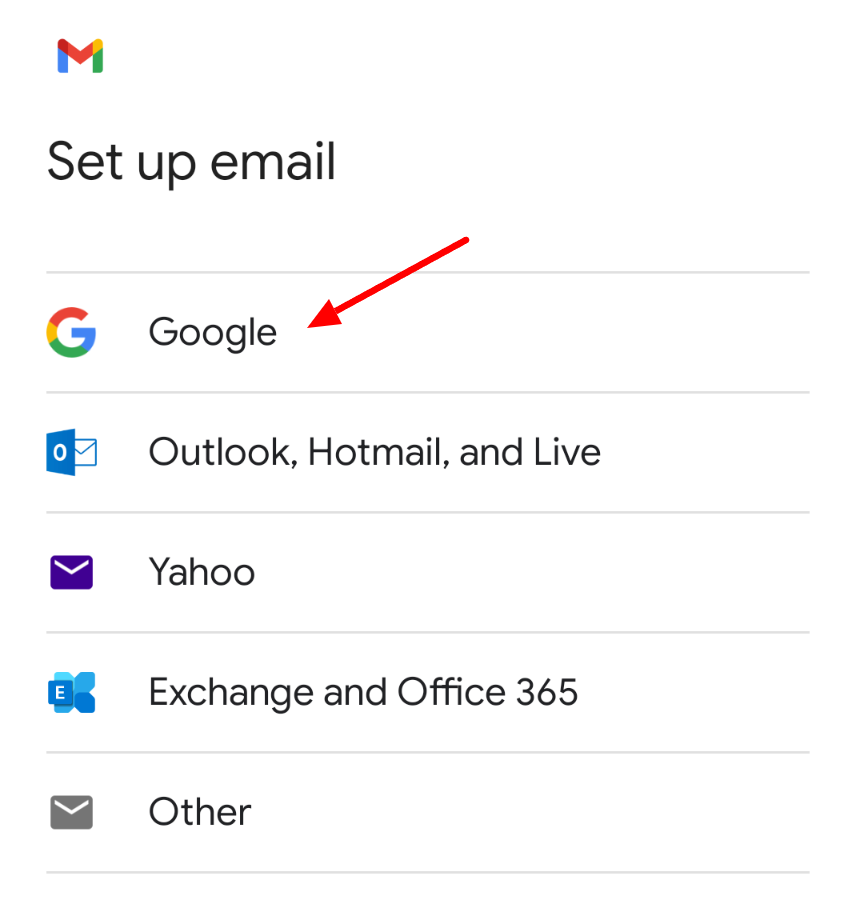 Gmail Set up email screen with Google indicated among account providers.