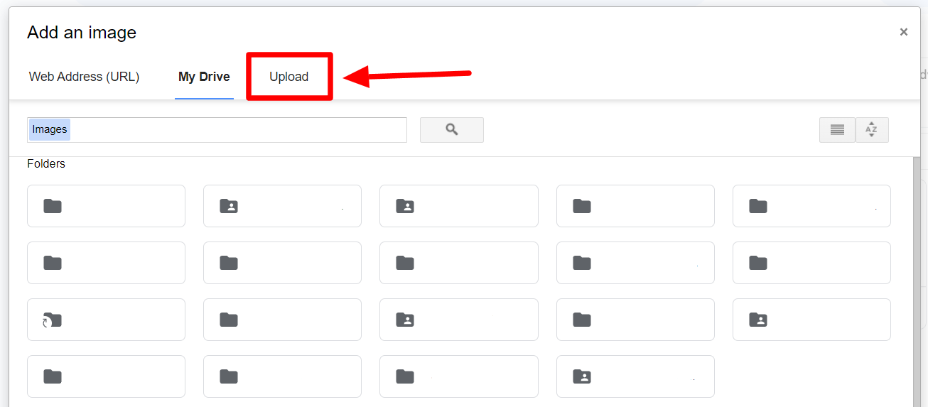 Add an image dialog with the Upload tab highlighted.